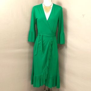 Emerald Green Knit Wrap Dress L K Bennett London Made in Portugal Ruffle sz 4-6